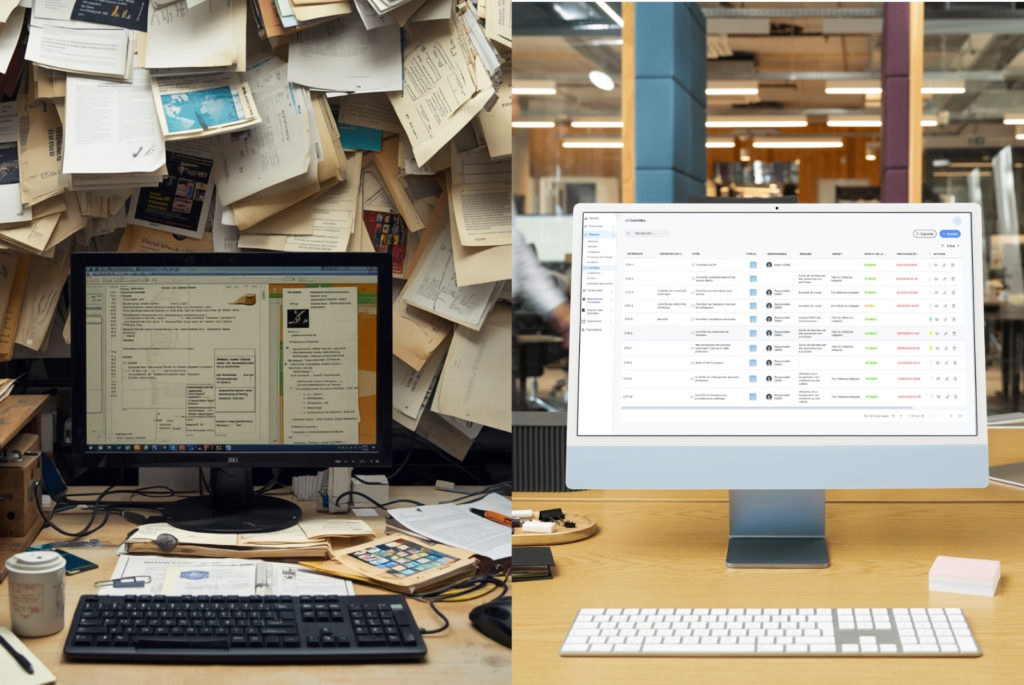 Un ordinateur avec plein d'outils, une mauvaise organisation VS un outil qui centralise les informations.